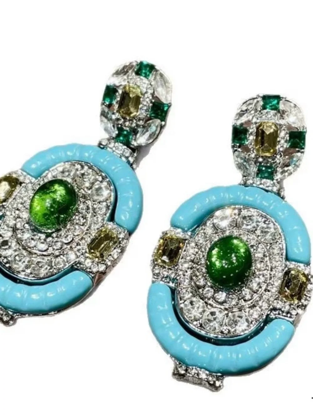 Green and Turquoise Crystal Drop Earrings - Designer-Inspired Statement